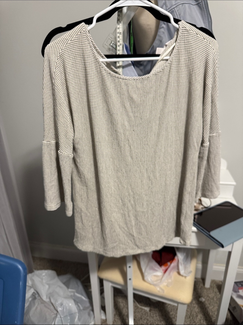 LC Lauren Conrad Cream and Light Gray Striped Waffle Knit Top